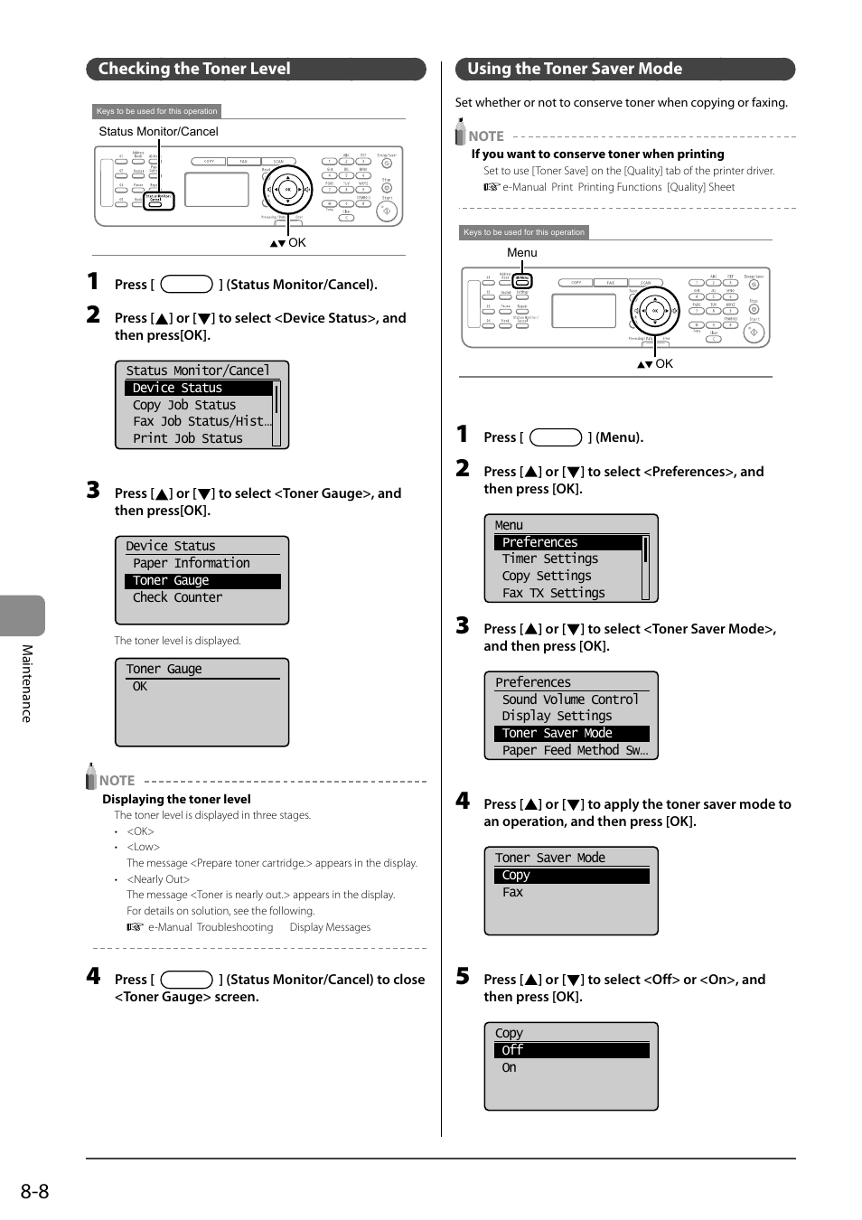 Checking the toner level, Using the toner saver mode | Canon ImageCLASS MF4570DN User Manual | Page 122 / 164
