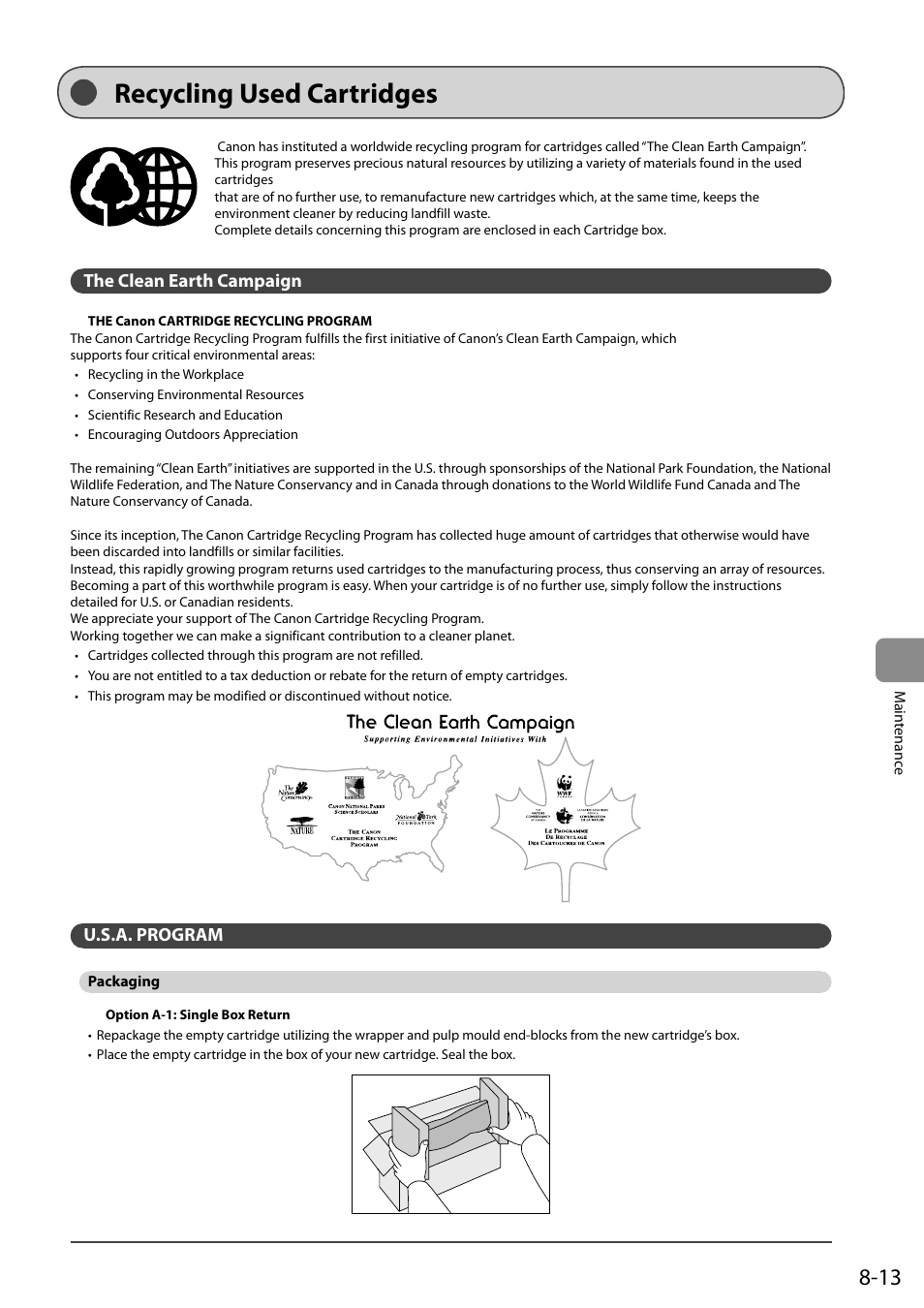 Recycling used cartridges, The clean earth campaign, U.s.a. program | Packaging, Packaging 8-13 | Canon ImageCLASS MF4570DN User Manual | Page 127 / 164