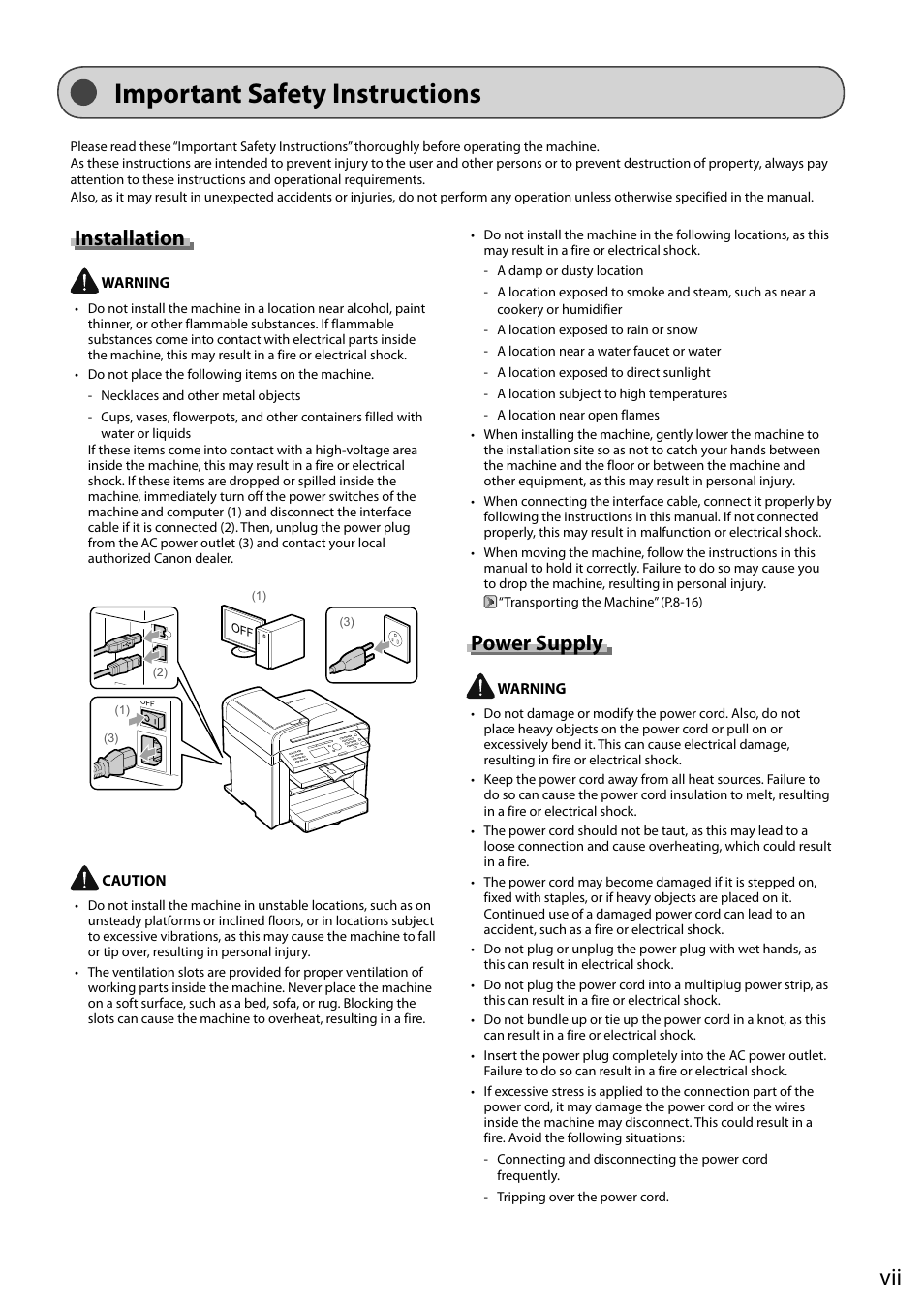 Important safety instructions, Installation, Power supply | Canon ImageCLASS MF4570DN User Manual | Page 13 / 164