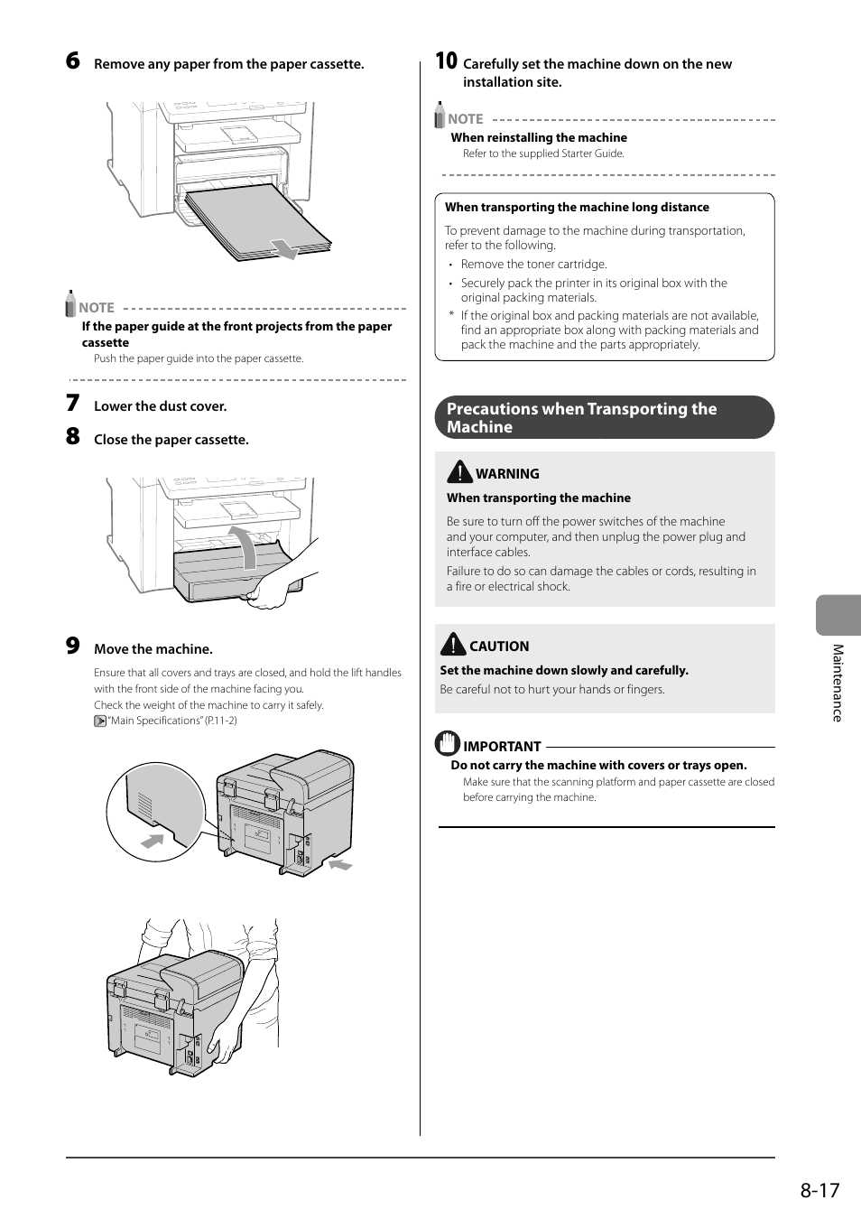 Precautions when transporting the machine | Canon ImageCLASS MF4570DN User Manual | Page 131 / 164