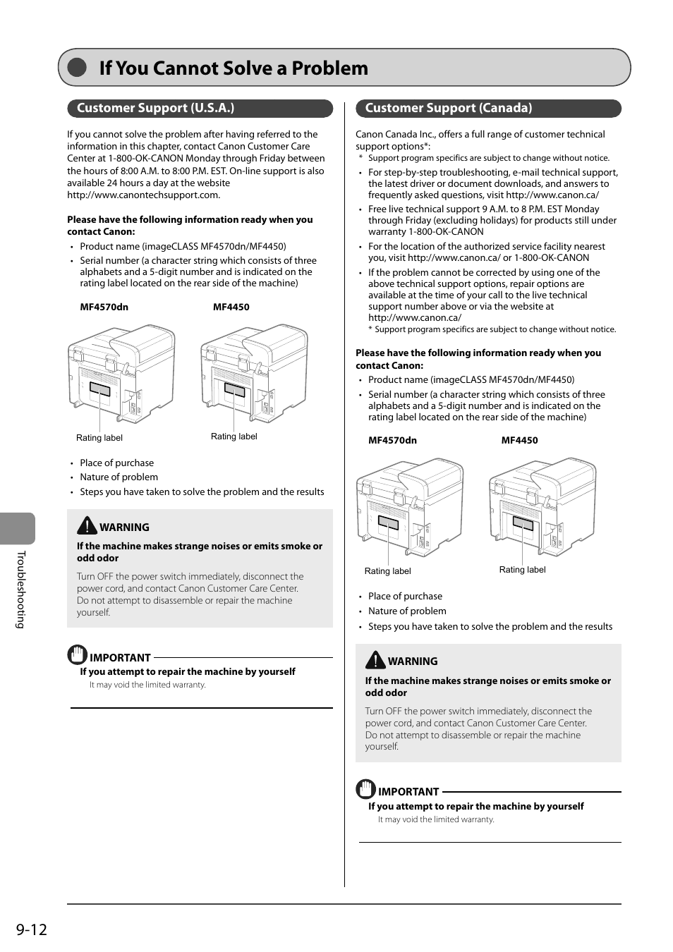 If you cannot solve a problem, Customer support (u.s.a.), Customer support (canada) | Canon ImageCLASS MF4570DN User Manual | Page 144 / 164