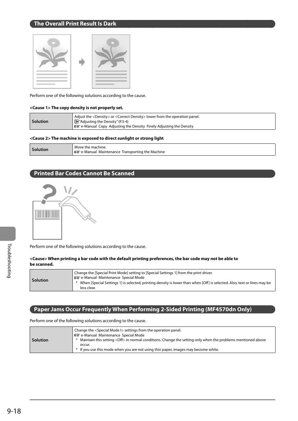 The overall print result is dark, Printed bar codes cannot be scanned, Paper jams occur frequently when performing | Sided printing (mf4570dn only) | Canon ImageCLASS MF4570DN User Manual | Page 150 / 164