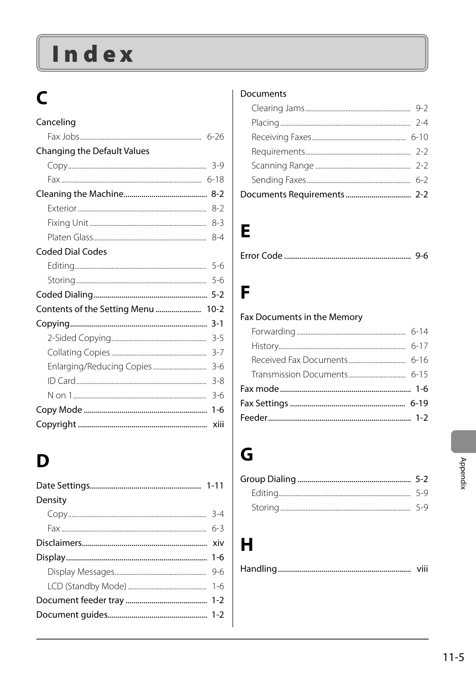 Index, Index 11-5 | Canon ImageCLASS MF4570DN User Manual | Page 161 / 164