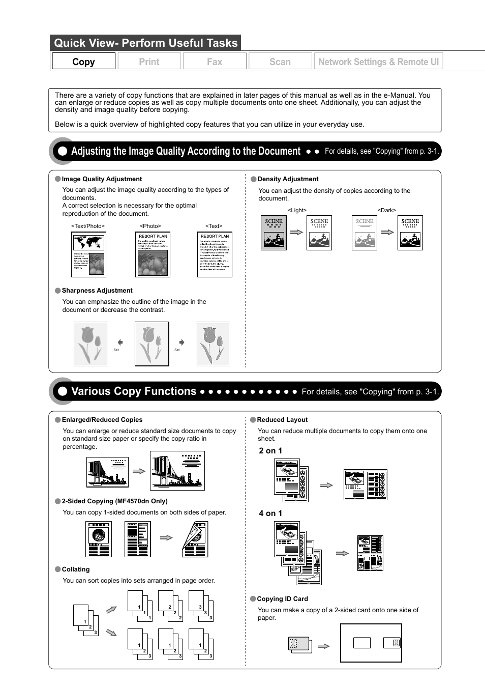 Various copy functions, Quick view- perform useful tasks, Copy | Print fax scan, Network settings & remote ui, For details, see "copying" from p. 3-1, 2 on 1 4 on 1 | Canon ImageCLASS MF4570DN User Manual | Page 2 / 164