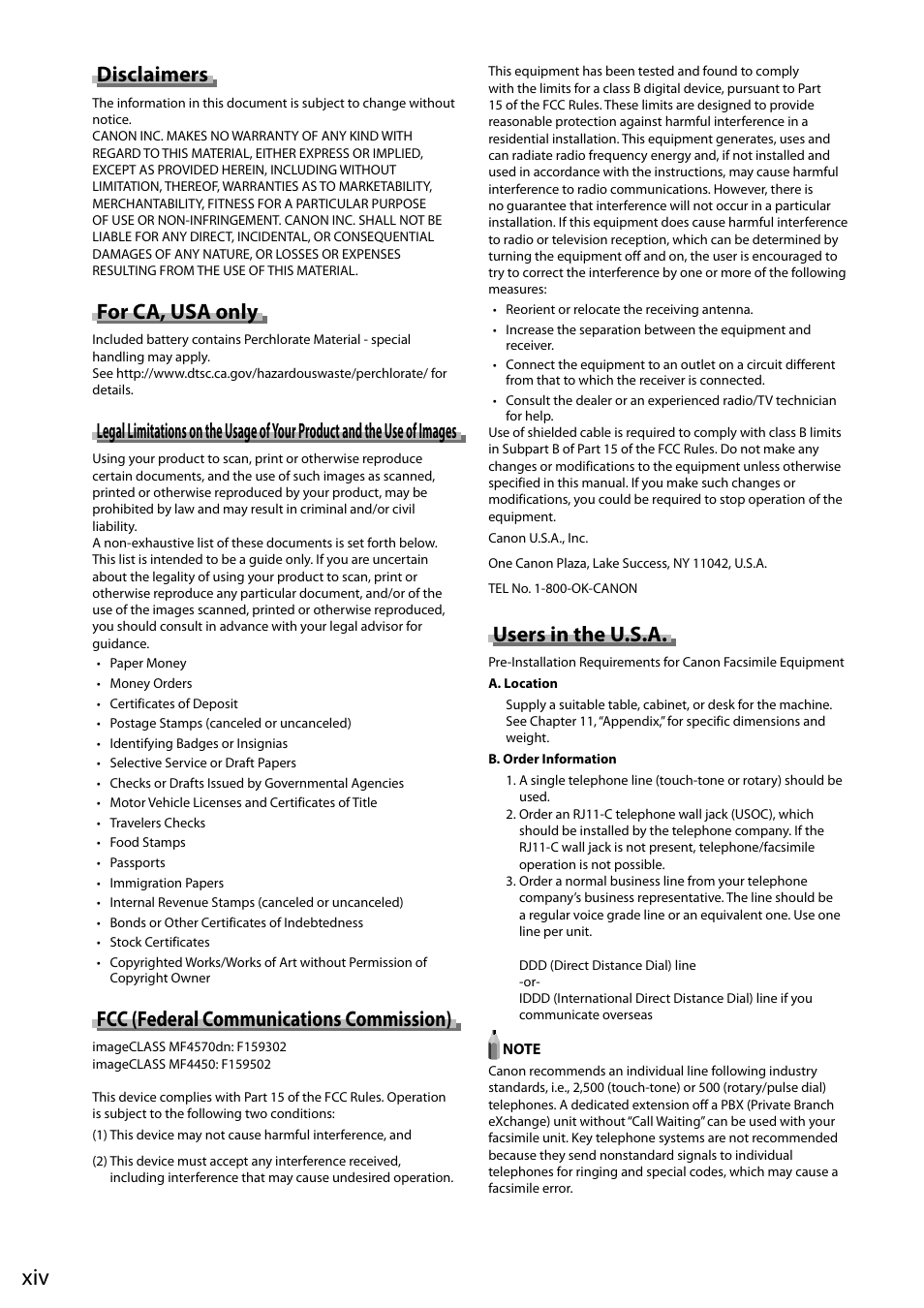 Disclaimers, For ca, usa only, Fcc (federal communications commission) | Users in the u.s.a | Canon ImageCLASS MF4570DN User Manual | Page 20 / 164