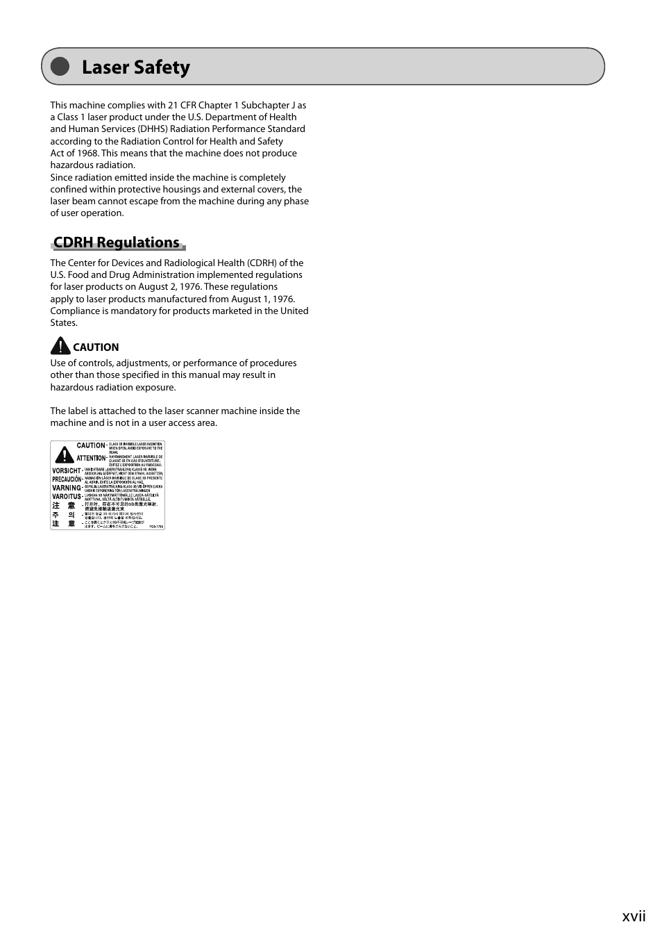 Laser safety, Xvii, Cdrh regulations | Canon ImageCLASS MF4570DN User Manual | Page 23 / 164