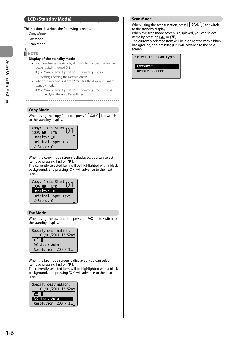 Lcd (standby mode), Copy mode, Fax mode | Scan mode | Canon ImageCLASS MF4570DN User Manual | Page 30 / 164
