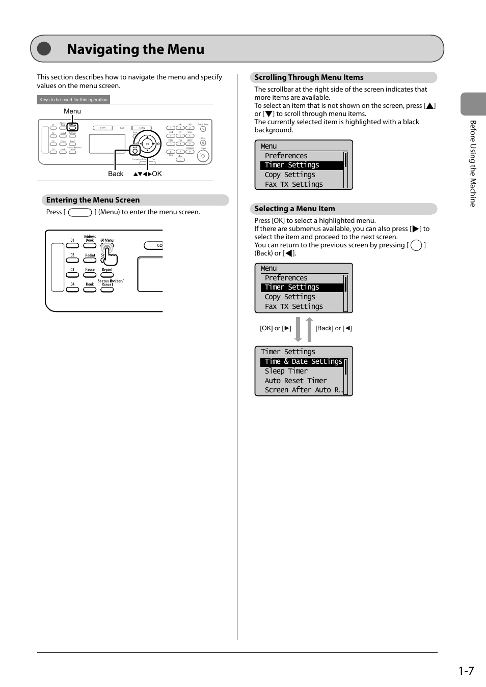 Navigating the menu, Entering the menu screen, Scrolling through menu items | Selecting a menu item | Canon ImageCLASS MF4570DN User Manual | Page 31 / 164
