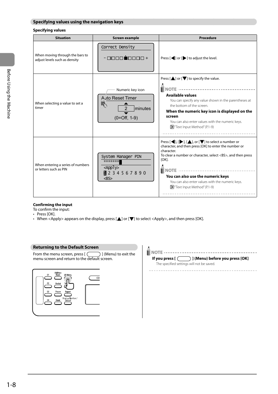 Specifying values using the navigation keys, Returning to the default screen | Canon ImageCLASS MF4570DN User Manual | Page 32 / 164