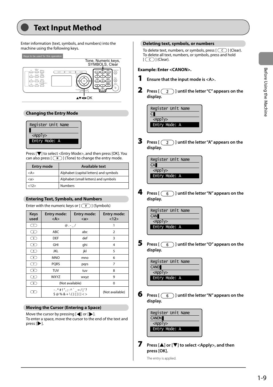 Text input method, Changing the entry mode, Entering text, symbols, and numbers | Moving the cursor (entering a space), Deleting text, symbols, or numbers | Canon ImageCLASS MF4570DN User Manual | Page 33 / 164