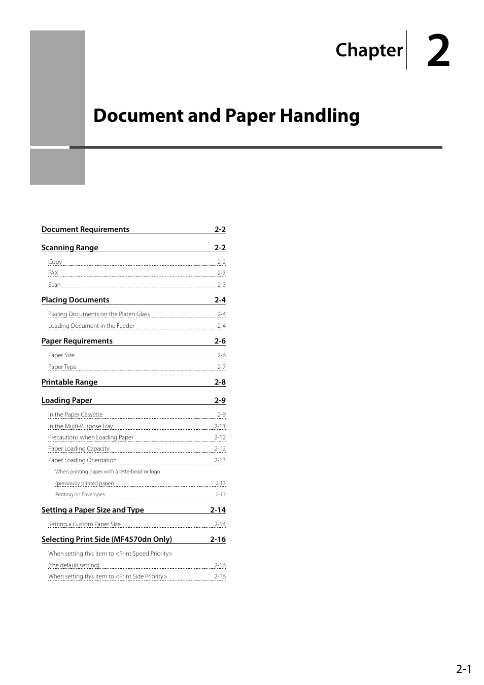 Document and paper handling, Document and paper, Handling 2-1 | Chapter | Canon ImageCLASS MF4570DN User Manual | Page 37 / 164