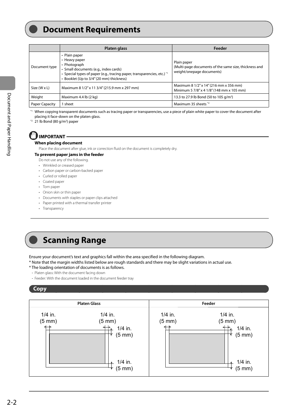 Document requirements, Scanning range, Copy | Copy 2-2, Document requirements scanning range | Canon ImageCLASS MF4570DN User Manual | Page 38 / 164