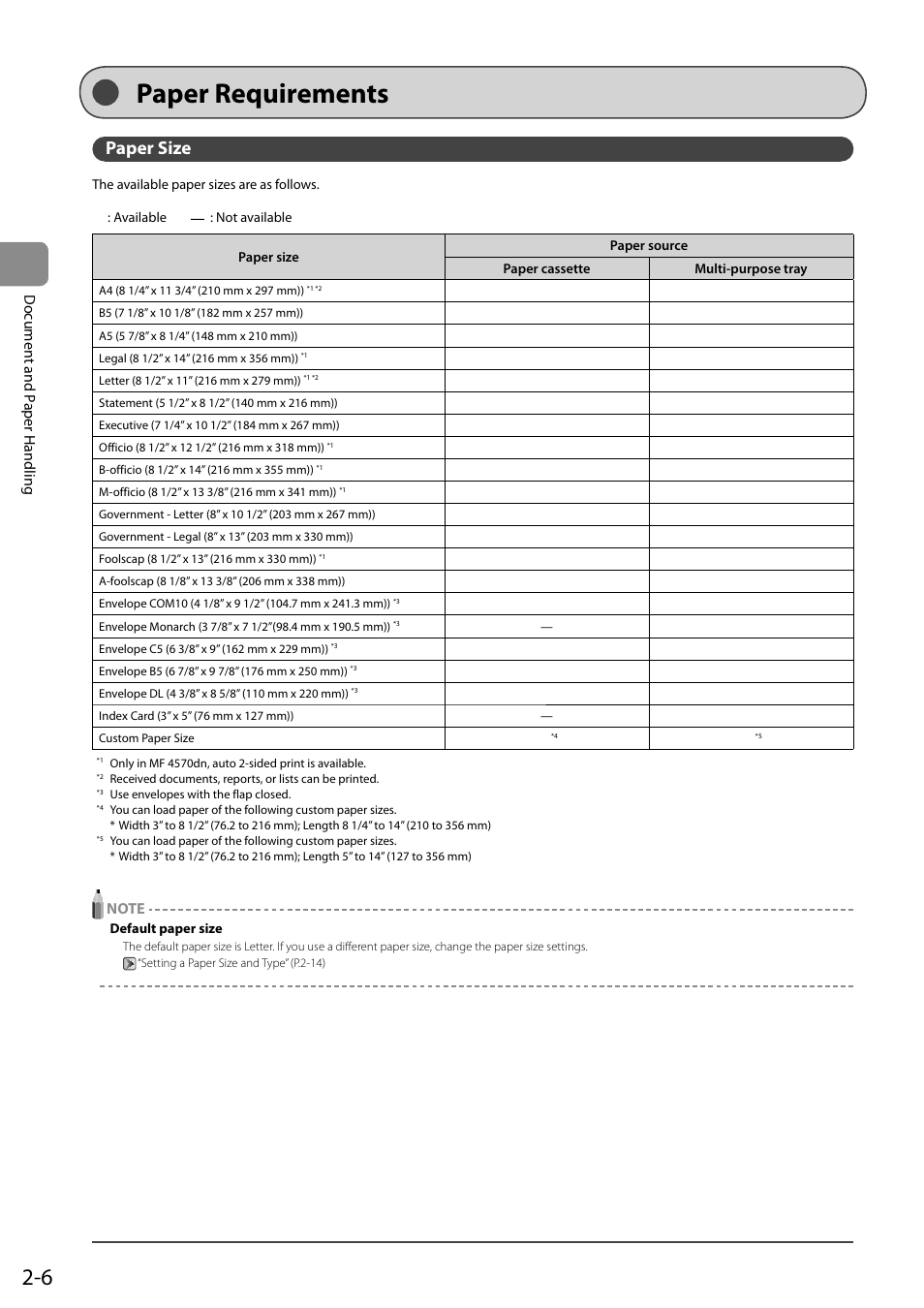 Paper requirements, Paper size, Document and p aper handling | Canon ImageCLASS MF4570DN User Manual | Page 42 / 164