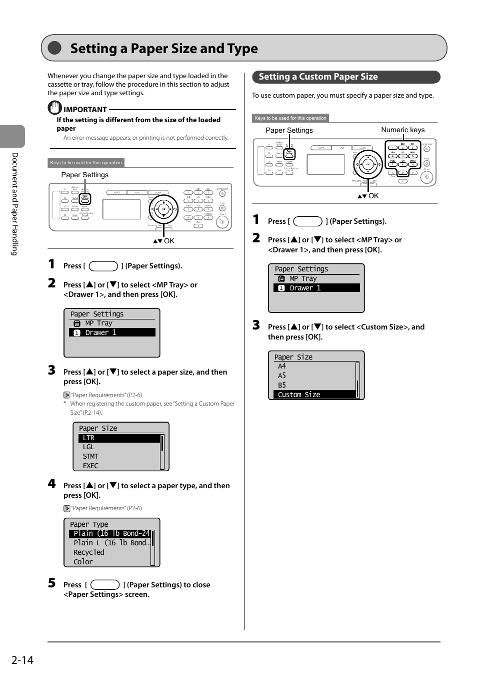 Setting a paper size and type, Setting a custom paper size | Canon ImageCLASS MF4570DN User Manual | Page 50 / 164