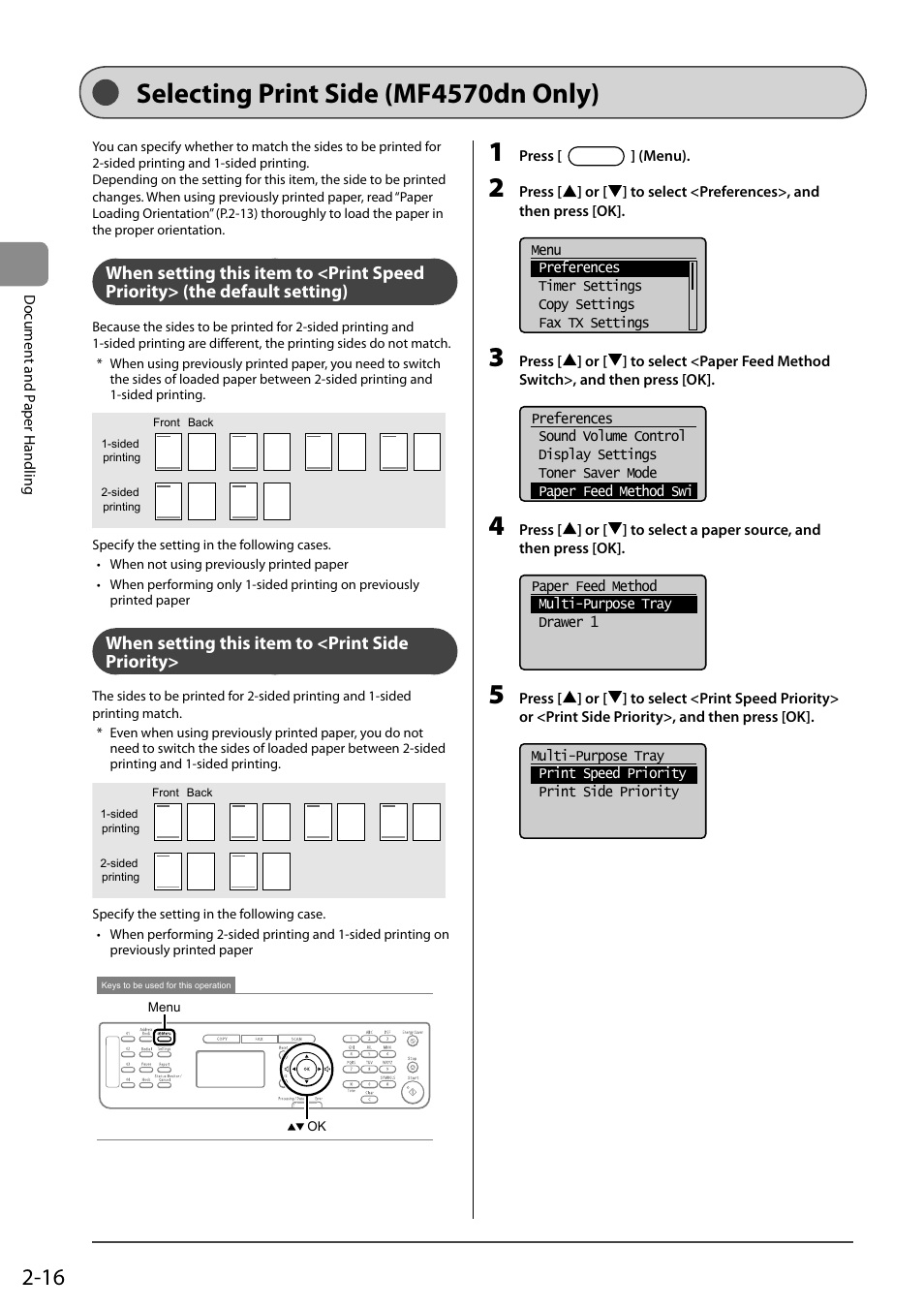 Selecting print side (mf4570dn only), When setting this item to <print side priority, When setting this item to <print speed priority | The default setting) | Canon ImageCLASS MF4570DN User Manual | Page 52 / 164