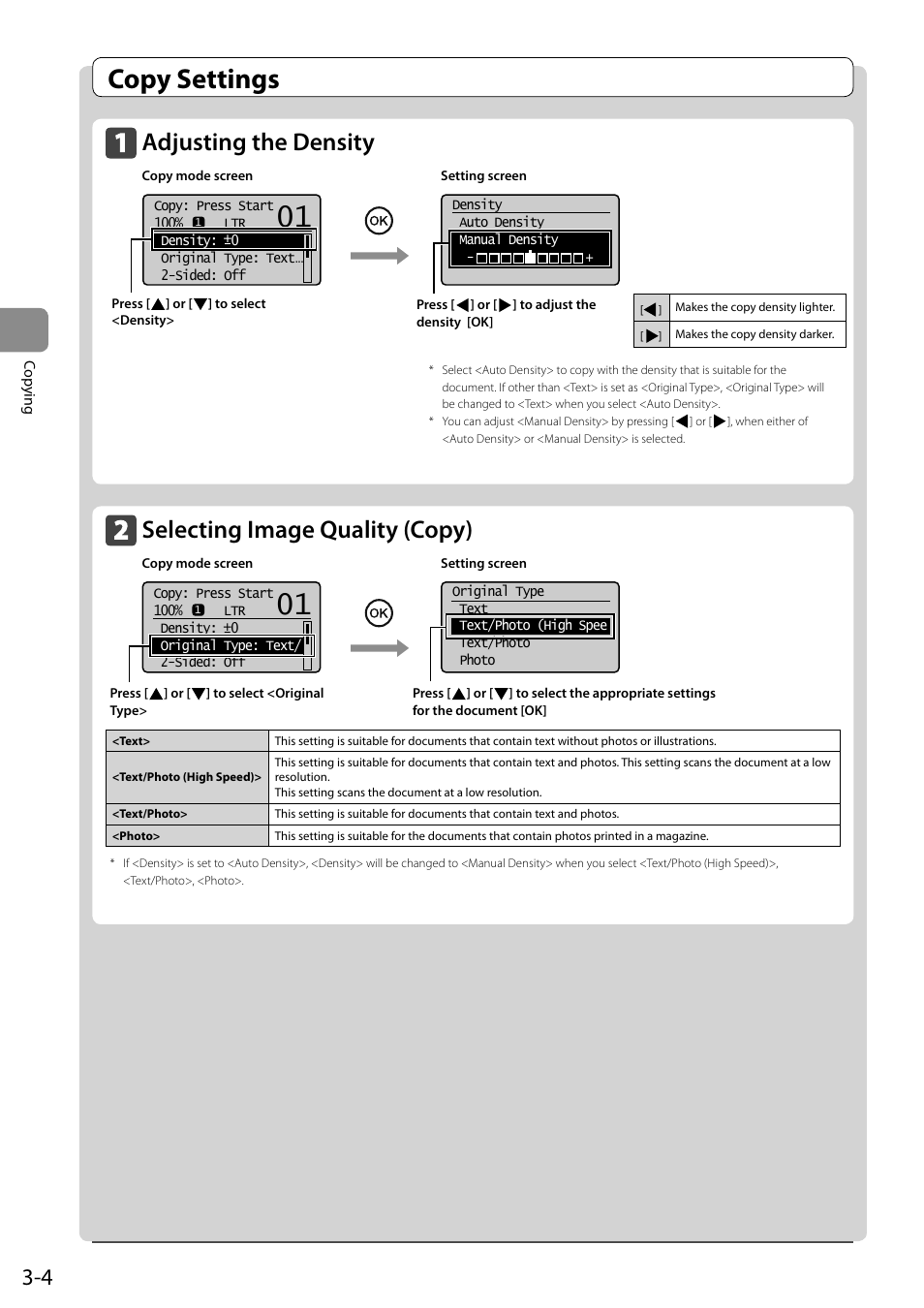 Copy settings, Adjusting the density, Selecting image quality (copy) | Canon ImageCLASS MF4570DN User Manual | Page 58 / 164