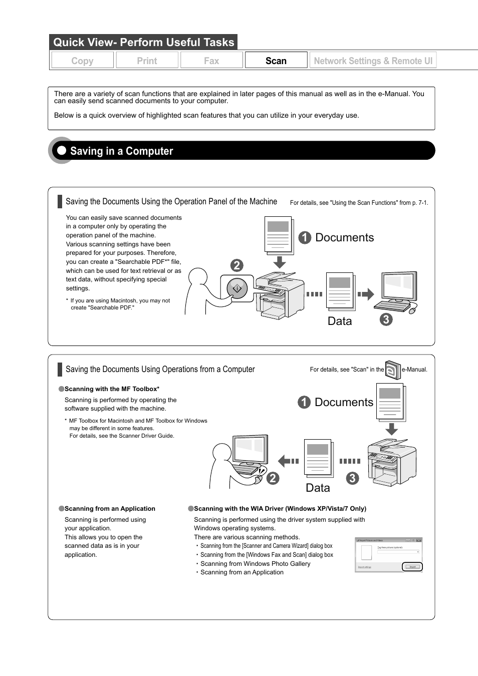 Saving in a computer, Quick view- perform useful tasks | Canon ImageCLASS MF4570DN User Manual | Page 6 / 164