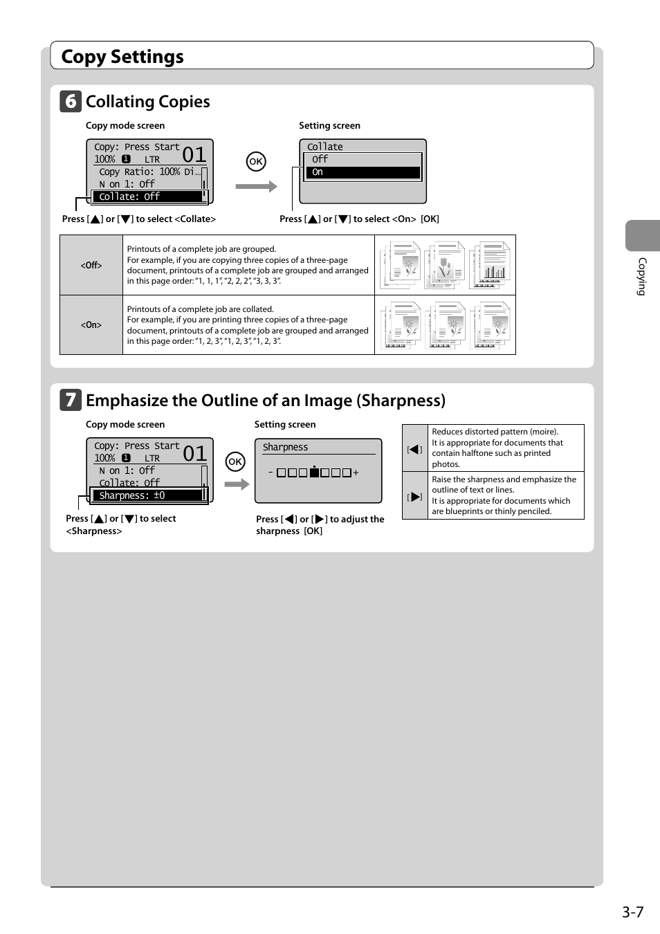 Collating copies, Emphasize the outline of an image (sharpness), Copy settings | Canon ImageCLASS MF4570DN User Manual | Page 61 / 164