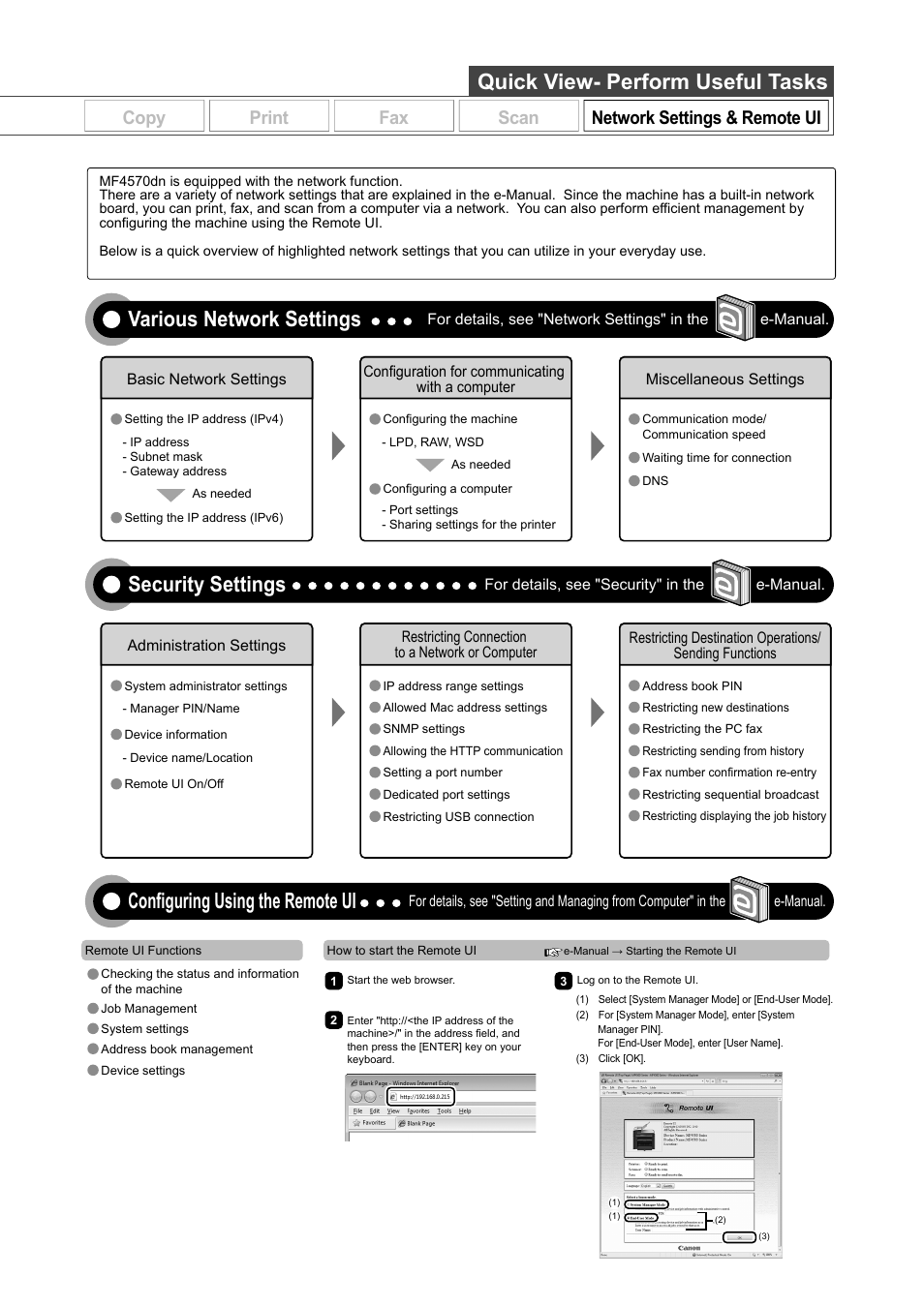 Quick view- perform useful tasks, Various network settings, Security settings | Configuring using the remote ui, Copy print fax scan network settings & remote ui | Canon ImageCLASS MF4570DN User Manual | Page 7 / 164
