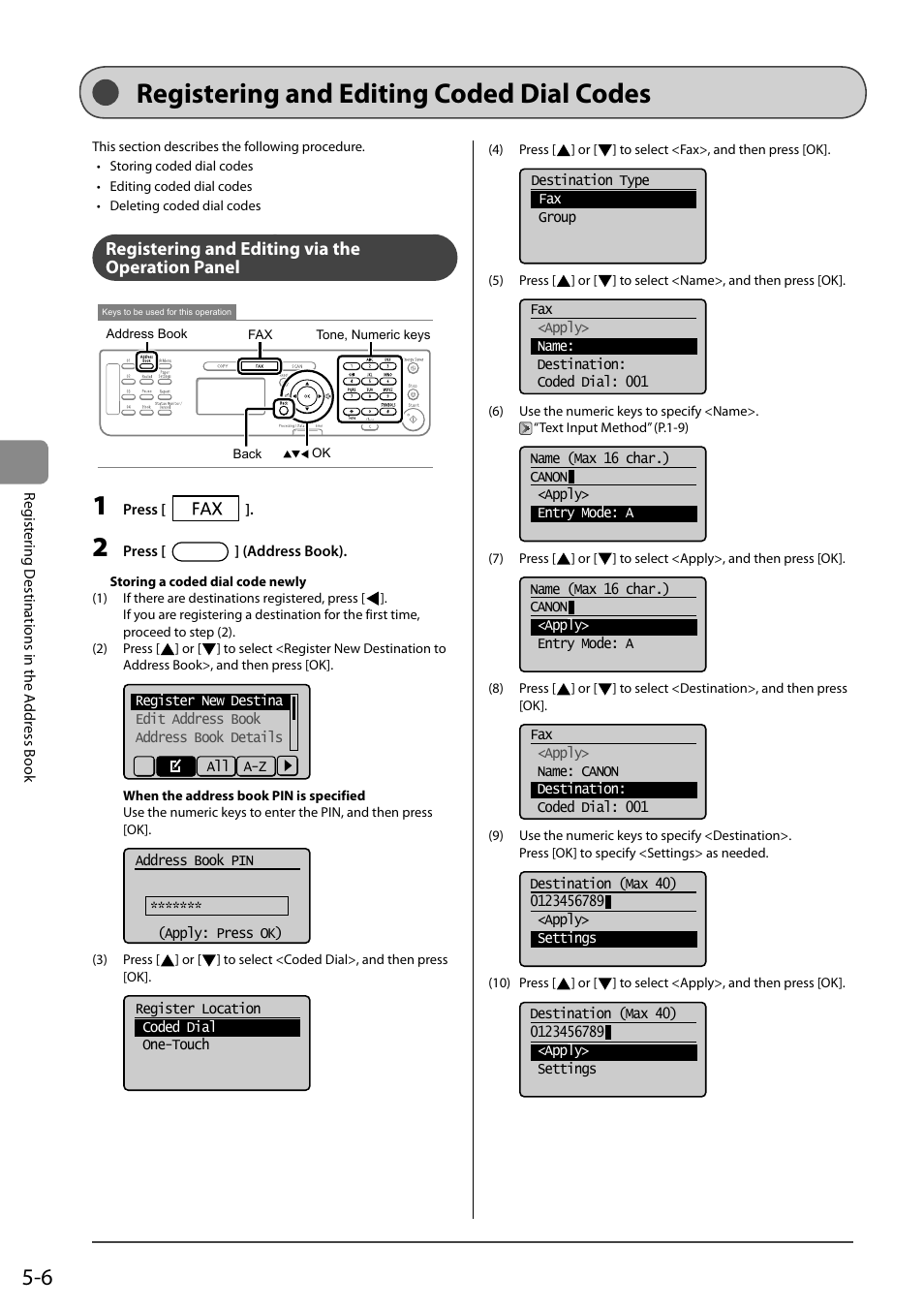 Registering and editing coded dial codes, Registering and editing via the operation panel | Canon ImageCLASS MF4570DN User Manual | Page 76 / 164