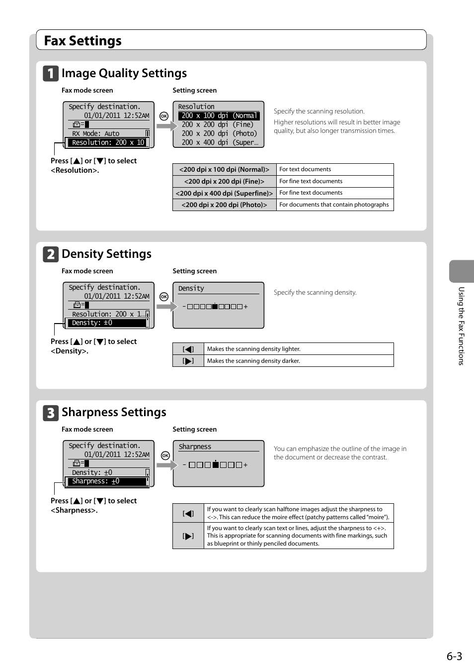 Fax settings, Image quality settings, Density settings | Sharpness settings | Canon ImageCLASS MF4570DN User Manual | Page 87 / 164