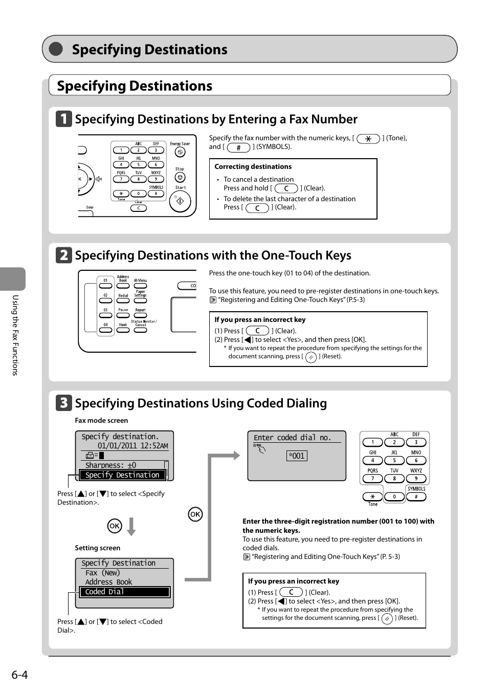 Specifying destinations, Specifying destinations by entering a fax number, Specifying destinations with the one-touch keys | Specifying destinations using coded dialing | Canon ImageCLASS MF4570DN User Manual | Page 88 / 164