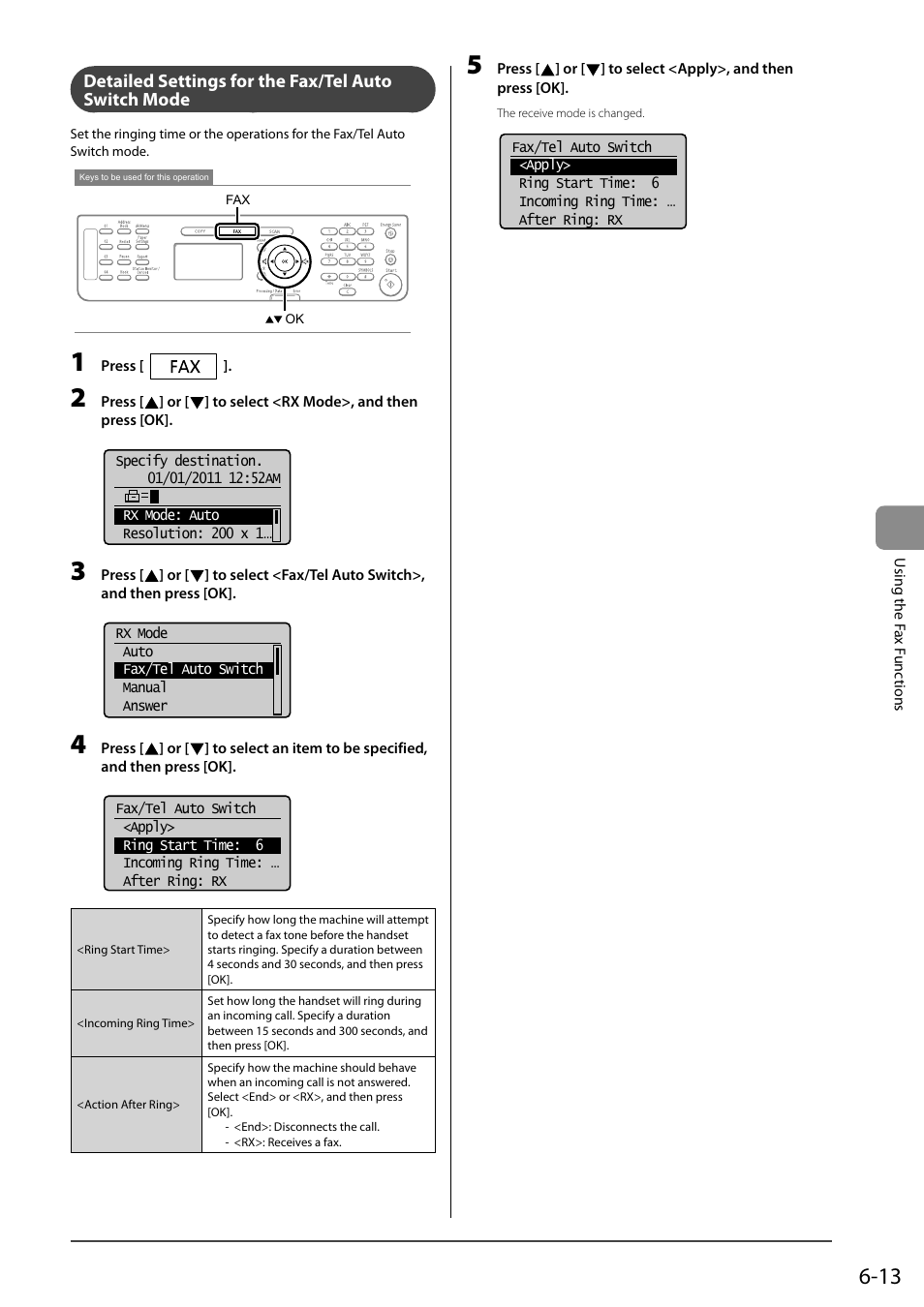 Detailed settings for the fax/tel auto switch mode | Canon ImageCLASS MF4570DN User Manual | Page 97 / 164