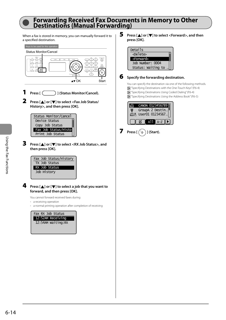 Forwarding received fax documents in memory to, Other destinations (manual forwarding) | Canon ImageCLASS MF4570DN User Manual | Page 98 / 164