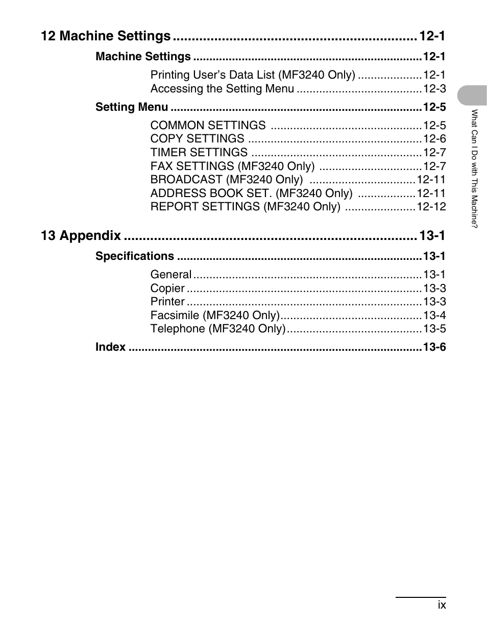 12 machine settings -1, 13 appendix -1 | Canon MF 3240 Series User Manual | Page 10 / 136