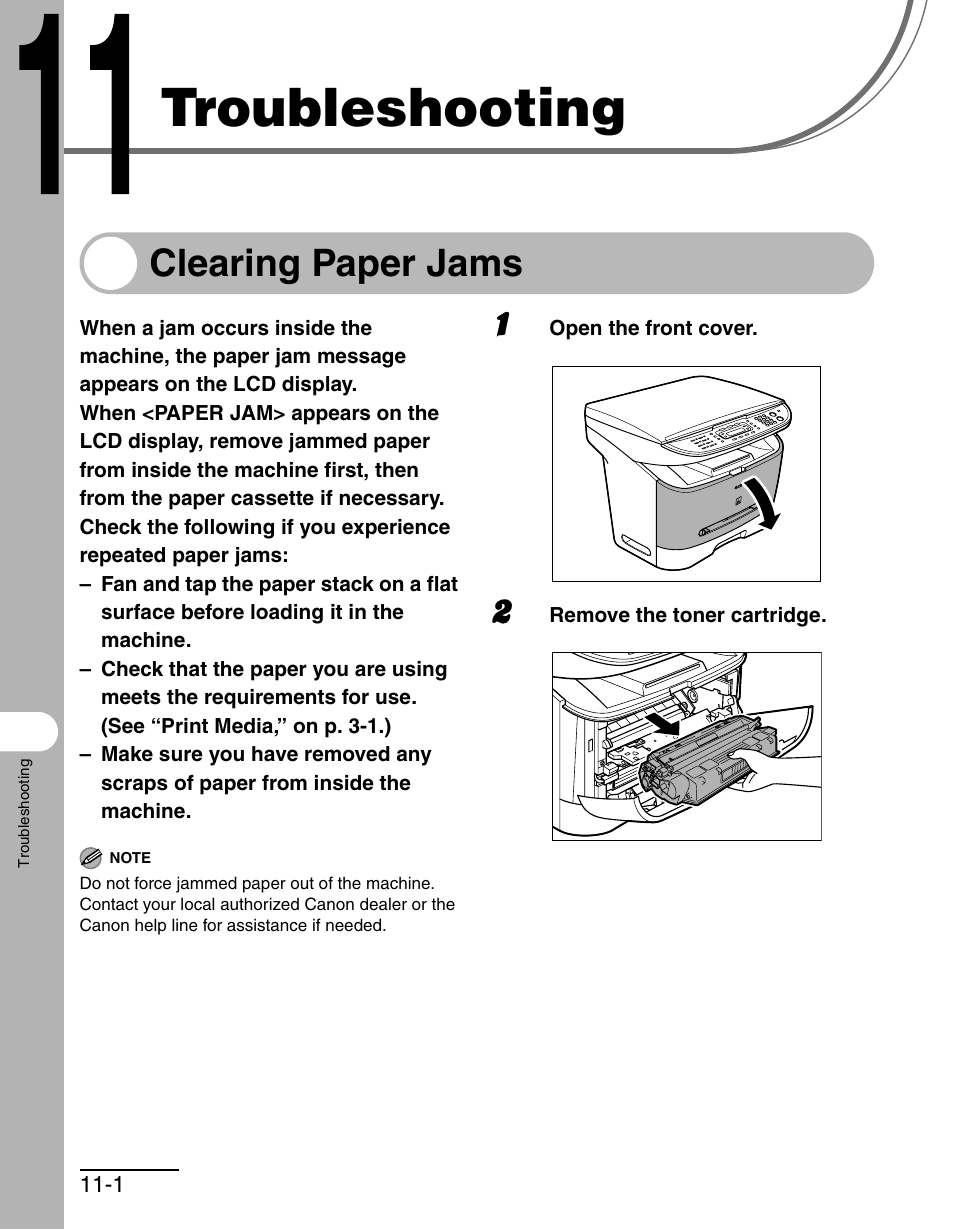 Troubleshooting, Clearing paper jams, 11 troubleshooting -1 | Clearing paper jams -1 | Canon MF 3240 Series User Manual | Page 100 / 136