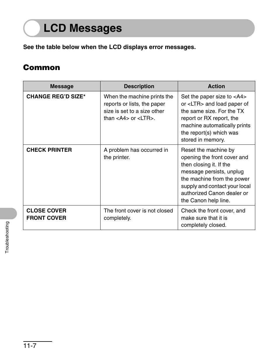 Lcd messages, Common, Lcd messages -7 | Common -7 | Canon MF 3240 Series User Manual | Page 106 / 136