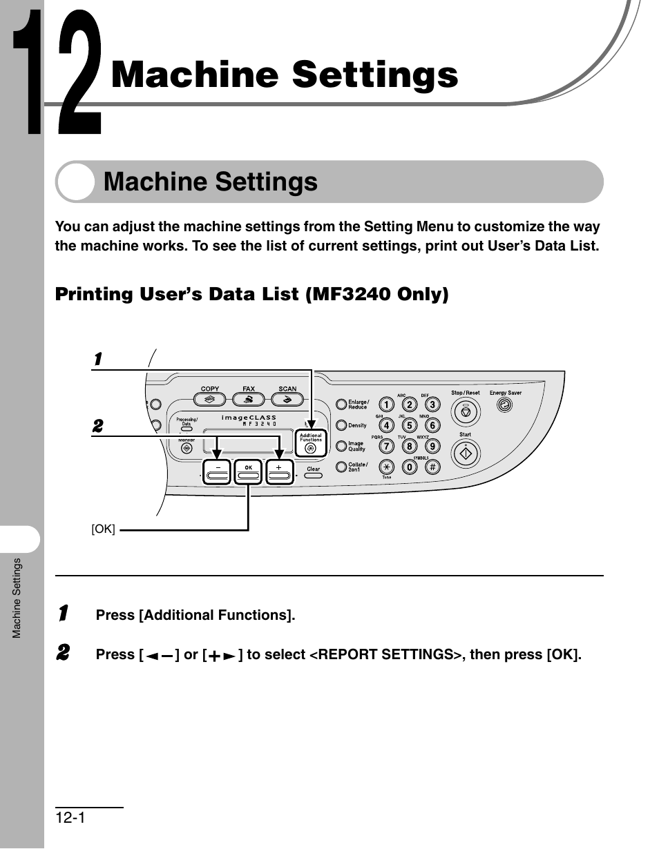 Machine settings, Printing user’s data list (mf3240 only), 12 machine settings -1 | Machine settings -1, Printing user’s data list (mf3240 only) -1 | Canon MF 3240 Series User Manual | Page 116 / 136