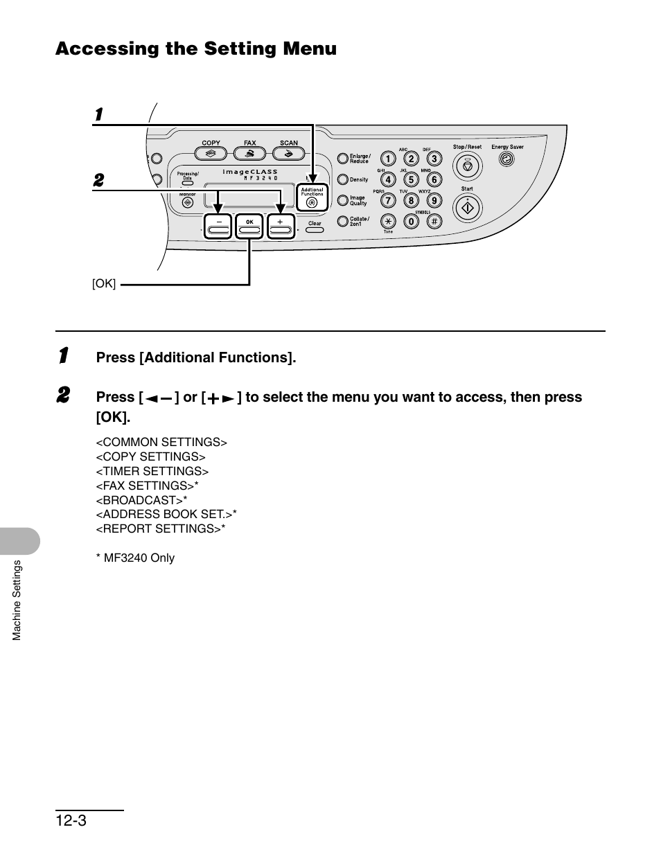 Accessing the setting menu, Accessing the setting menu -3 | Canon MF 3240 Series User Manual | Page 118 / 136