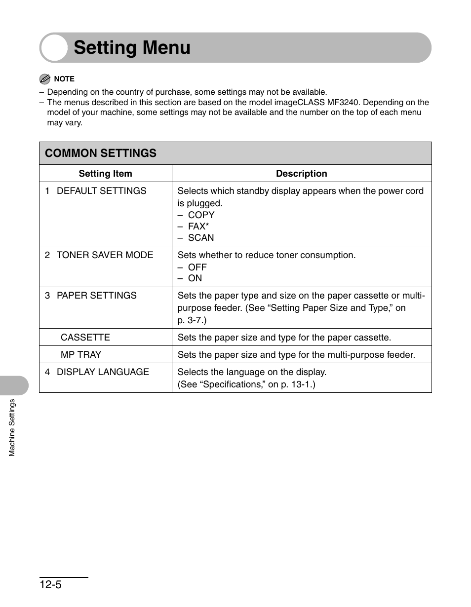 Setting menu, Common settings, Setting menu -5 | Common settings -5 | Canon MF 3240 Series User Manual | Page 120 / 136