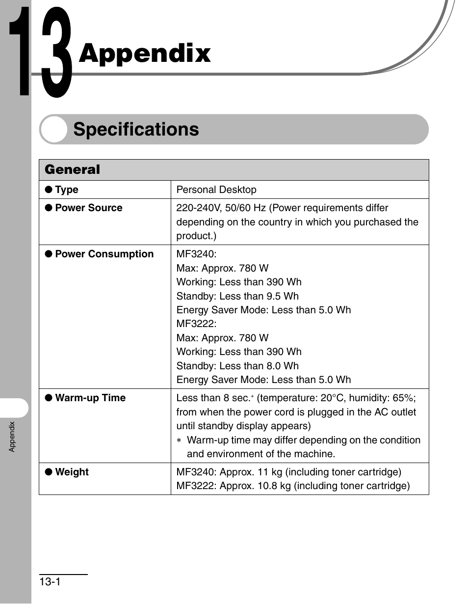 Appendix, Specifications, General | 13 appendix -1, Specifications -1, General -1 | Canon MF 3240 Series User Manual | Page 128 / 136