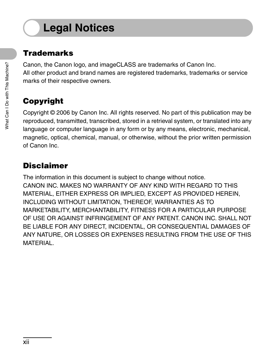 Legal notices, Trademarks, Copyright | Disclaimer | Canon MF 3240 Series User Manual | Page 13 / 136