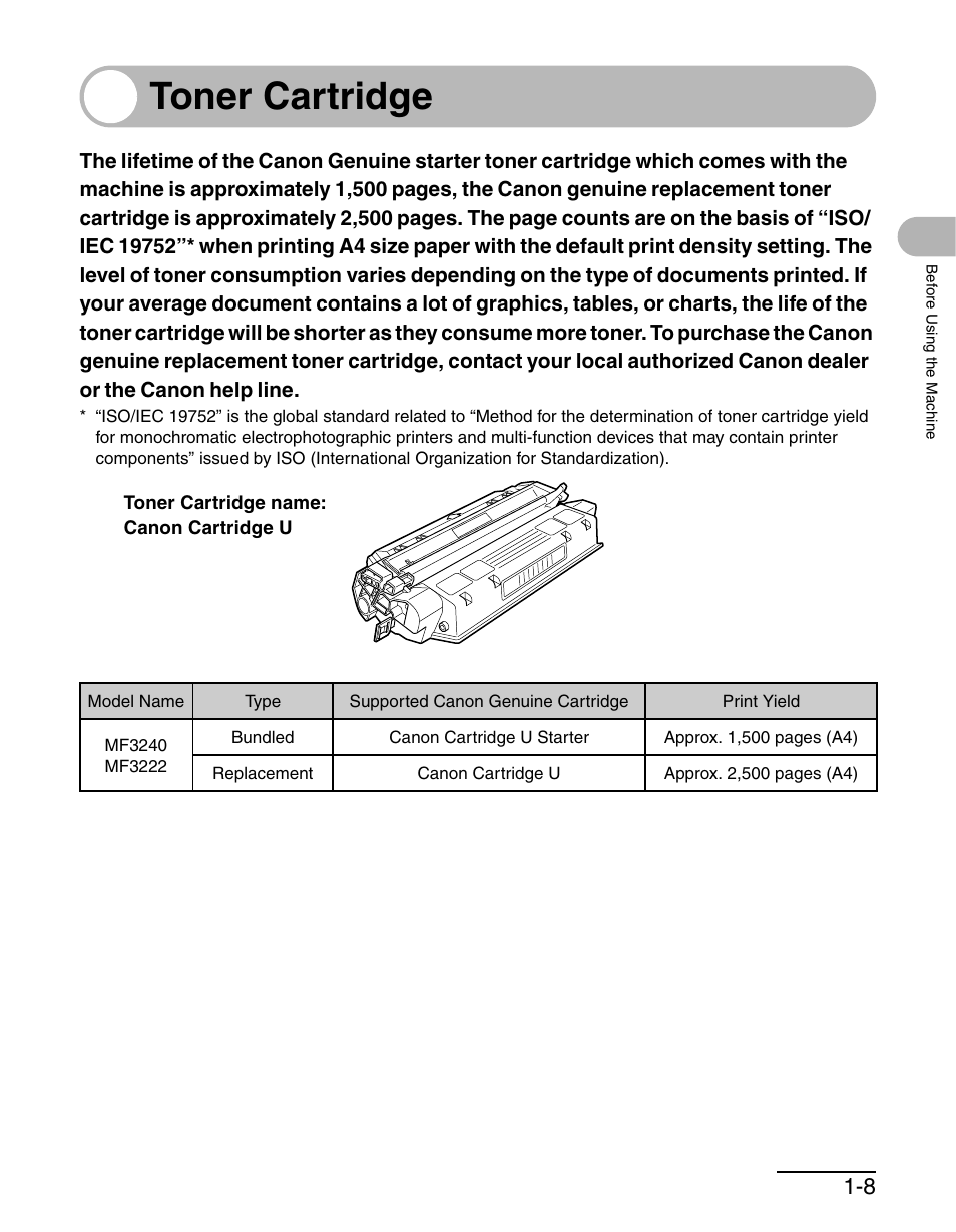 Toner cartridge, Toner cartridge -8 | Canon MF 3240 Series User Manual | Page 21 / 136