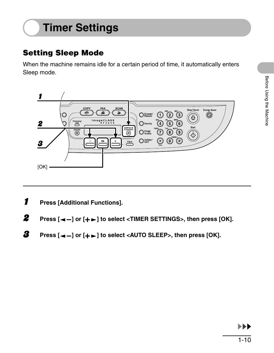 Timer settings, Setting sleep mode, Timer settings -10 | Setting sleep mode -10 | Canon MF 3240 Series User Manual | Page 23 / 136