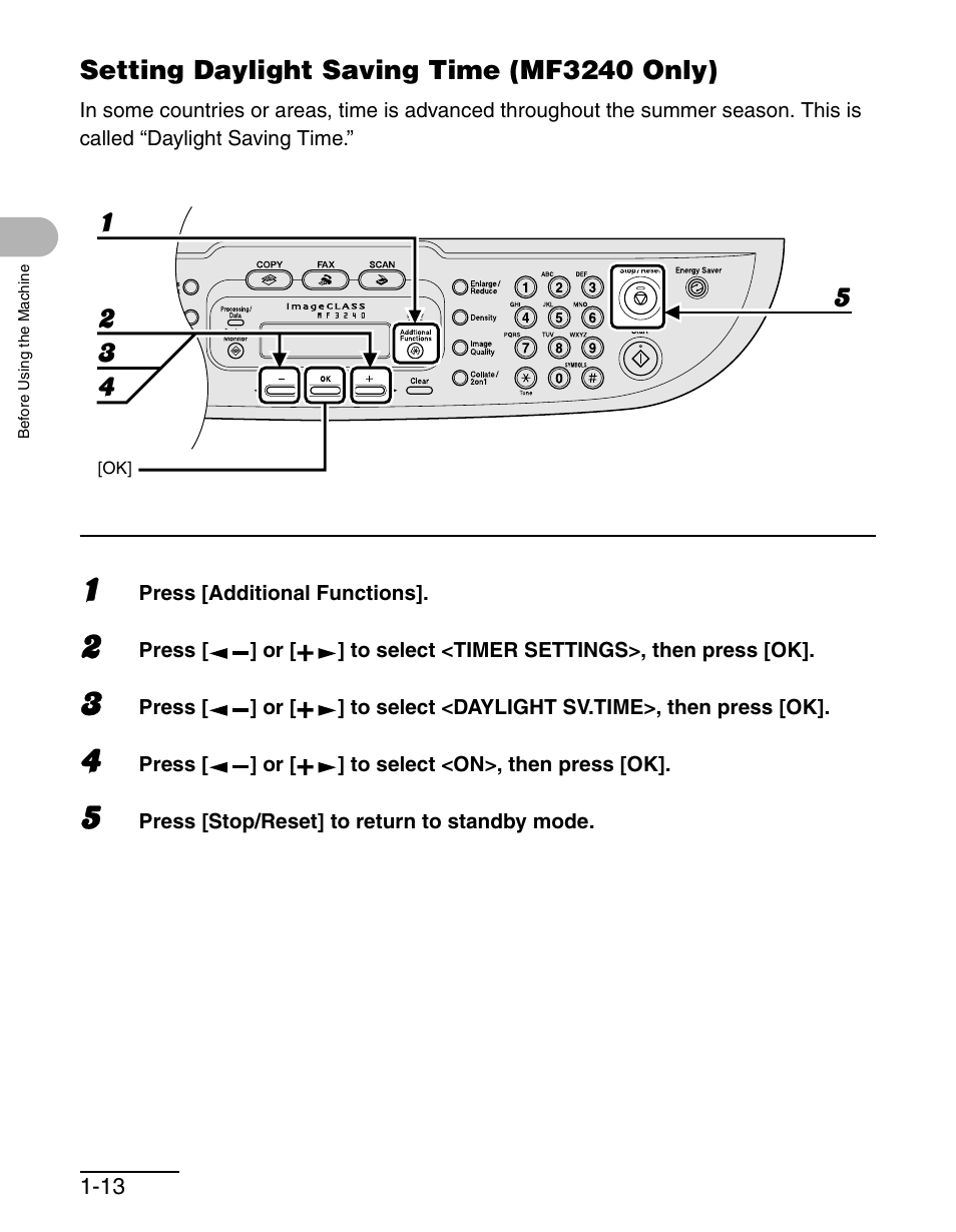 Setting daylight saving time (mf3240 only), Setting daylight saving time (mf3240 only) -13 | Canon MF 3240 Series User Manual | Page 26 / 136