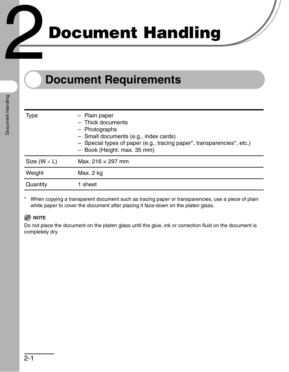 Document handling, Document requirements, 2 document handling -1 | Document requirements -1 | Canon MF 3240 Series User Manual | Page 27 / 136