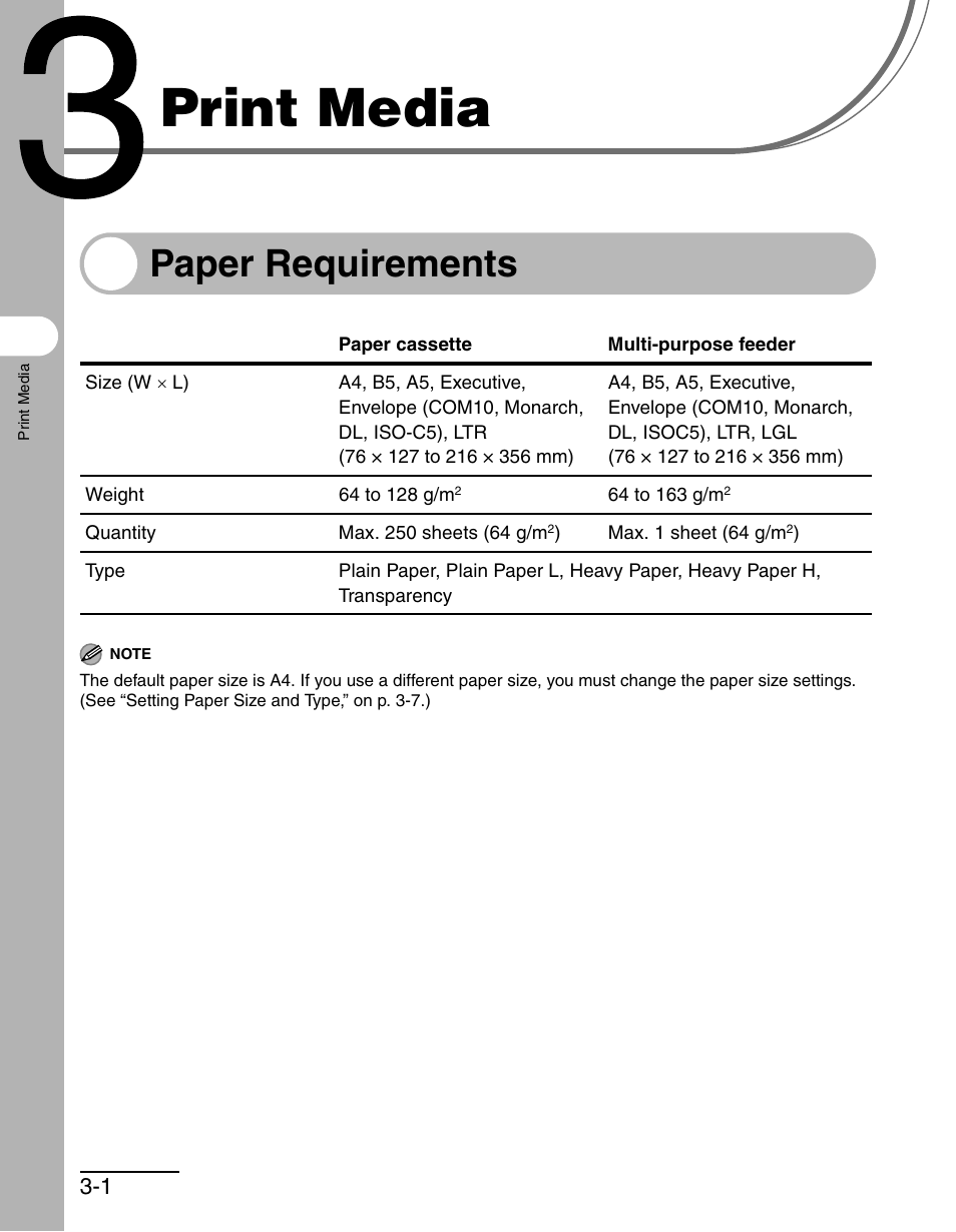 Print media, Paper requirements, 3 print media -1 | Paper requirements -1 | Canon MF 3240 Series User Manual | Page 31 / 136