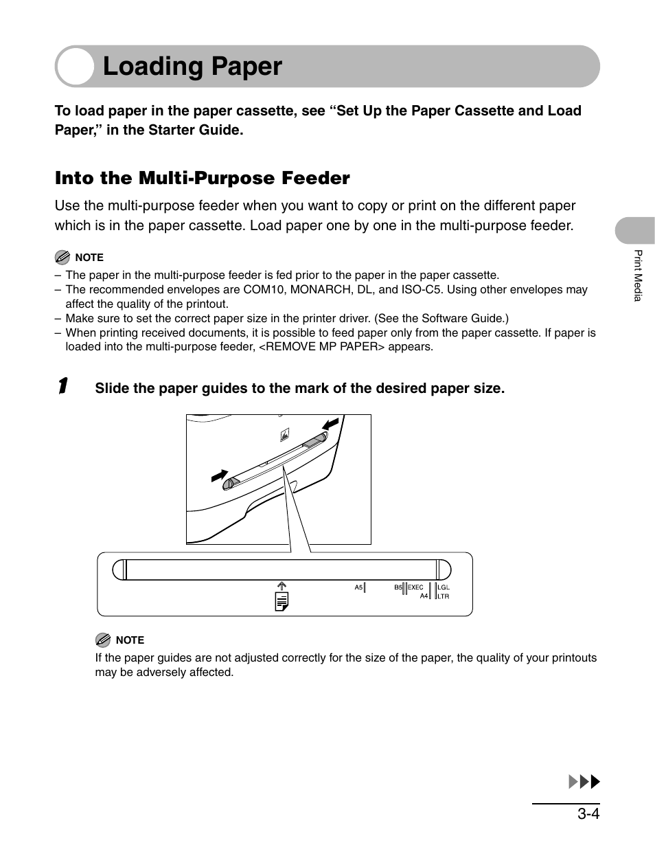 Loading paper, Into the multi-purpose feeder, Loading paper -4 | Into the multi-purpose feeder -4 | Canon MF 3240 Series User Manual | Page 34 / 136