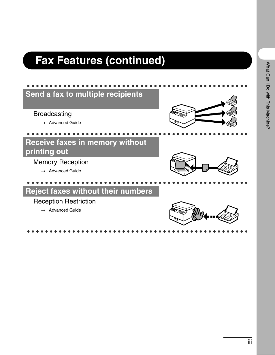 Fax features (continued), Fax features (continued) fas (continued), Send a fax to multiple recipients | Reject faxes without their numbers | Canon MF 3240 Series User Manual | Page 4 / 136