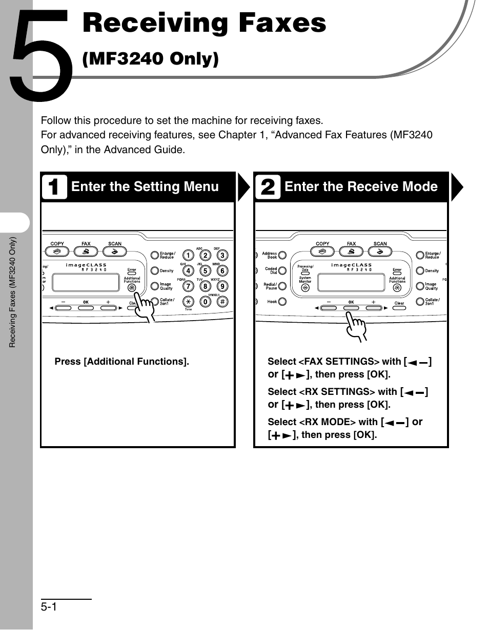 Receiving faxes (mf3240 only), 5 receiving faxes (mf3240 only) -1, Receiving faxes | Mf3240 only) | Canon MF 3240 Series User Manual | Page 75 / 136