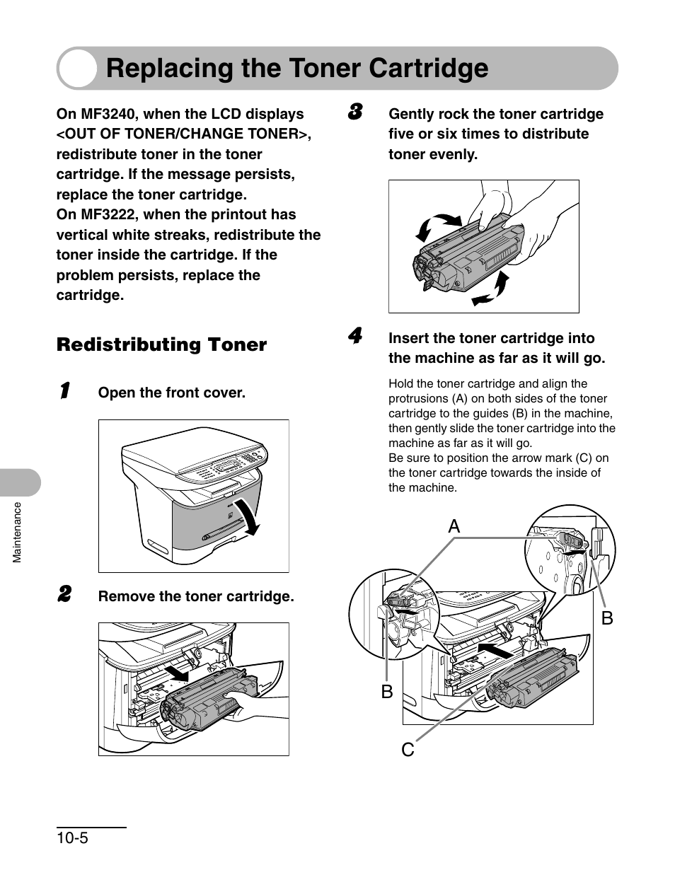 Replacing the toner cartridge, Redistributing toner, Replacing the toner cartridge -5 | Redistributing toner -5 | Canon MF 3240 Series User Manual | Page 94 / 136