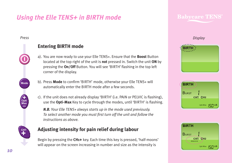 Using the elle tens+ in birth mode | Babycare TENS Elle TENS User Manual | Page 10 / 36