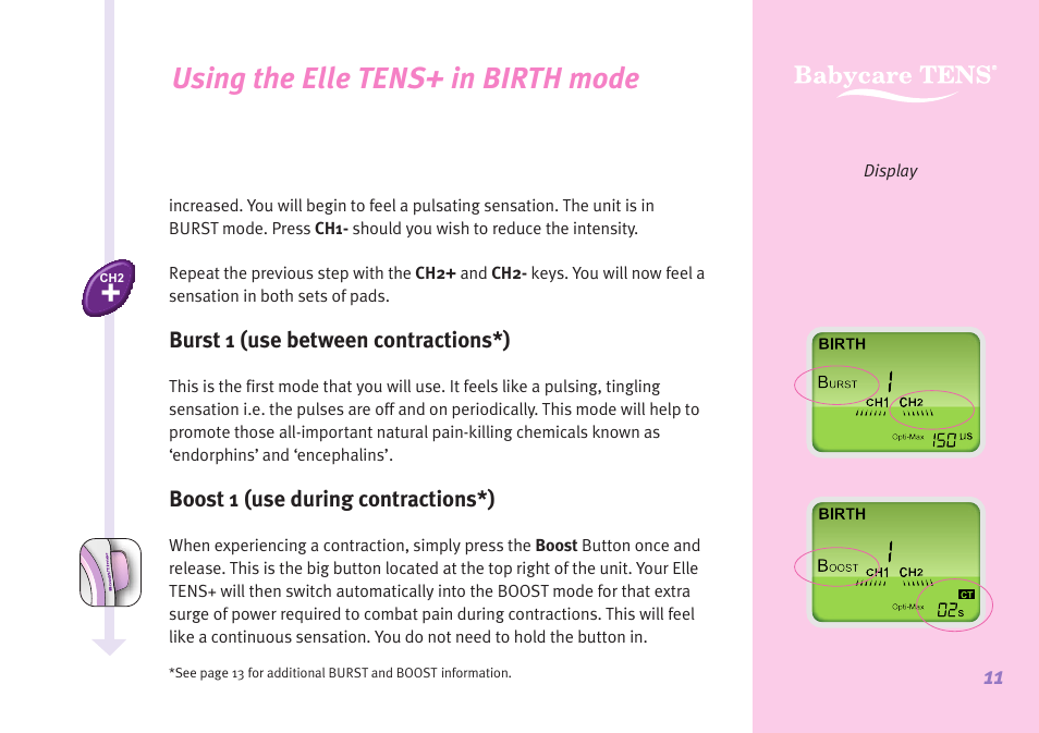 Using the elle tens+ in birth mode, Burst 1 (use between contractions*), Boost 1 (use during contractions*) | Babycare TENS Elle TENS User Manual | Page 11 / 36