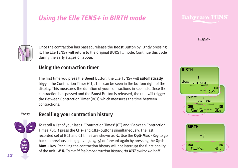 Using the elle tens+ in birth mode, Using the contraction timer, Recalling your contraction history | Babycare TENS Elle TENS User Manual | Page 12 / 36
