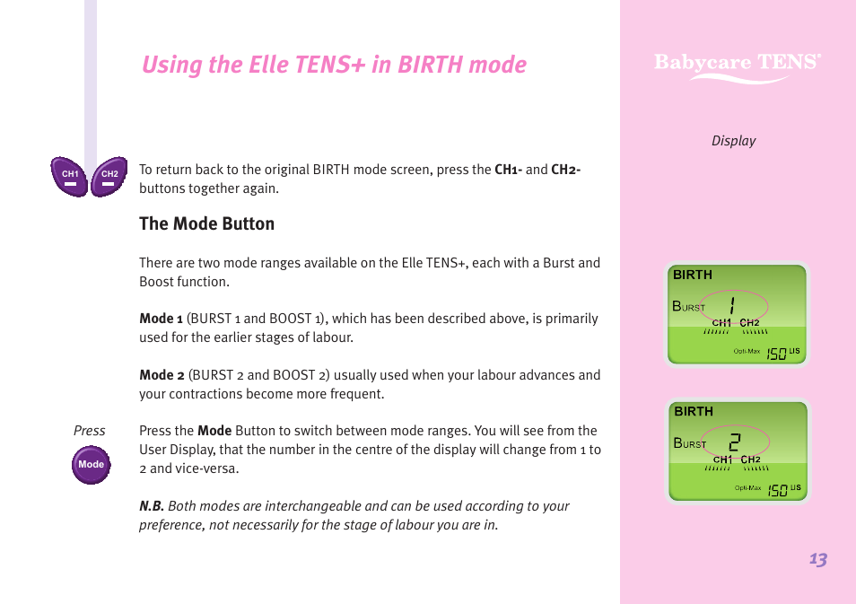 Using the elle tens+ in birth mode, The mode button | Babycare TENS Elle TENS User Manual | Page 13 / 36