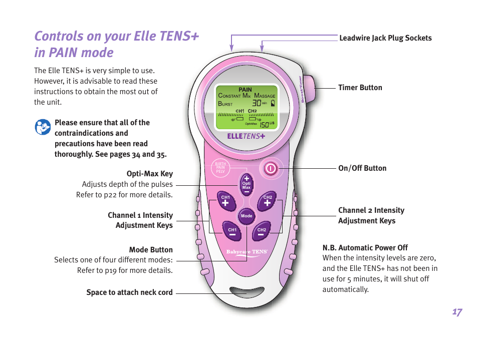 Controls on your elle tens+ in pain mode | Babycare TENS Elle TENS User Manual | Page 17 / 36